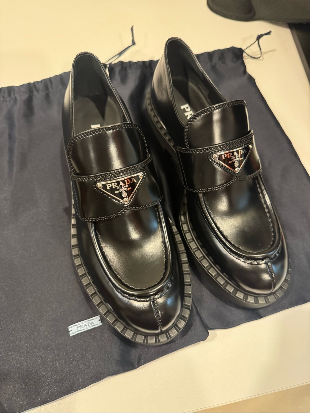 Prada Black Leather Platform Loafers NWOB Size 37.5